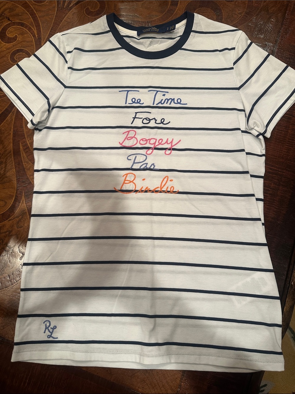 Ralph Lauren White Navy Striped Golf Tee with Multicolor Embroidery